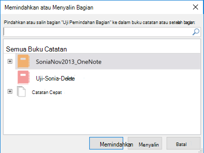 Dialog Pindahkan atau Salin Bagian OneNote untuk Windows 2016