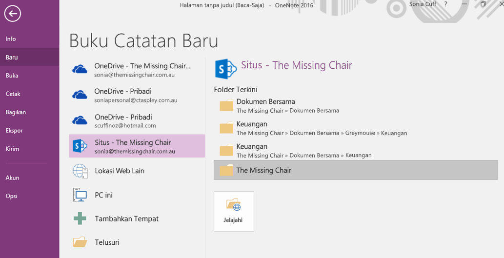 Antarmuka pemilihan folder Buku Catatan Baru di OneNote untuk Windows 2016