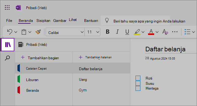 Tampilan UI web OneNote memperlihatkan area konten