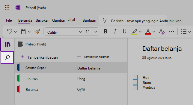 Tampilan antarmuka pengguna web OneNote yang menampilkan area konten