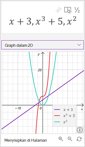 cuplikan layar matematika asisten menghasilkan grafik dari tiga persamaan, x plus 3 berwarna ungu, x ke yang ketiga plus 5 dalam warna merah, dan x kuadrat dalam warna hijau.