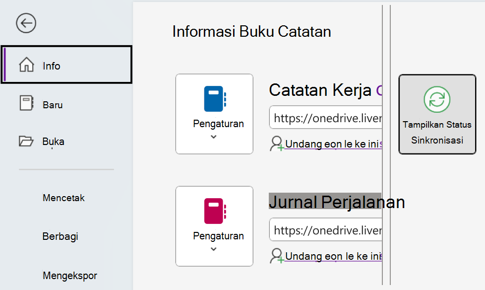 Menampilkan status sinkronisasi untuk OneNote di Windows.
