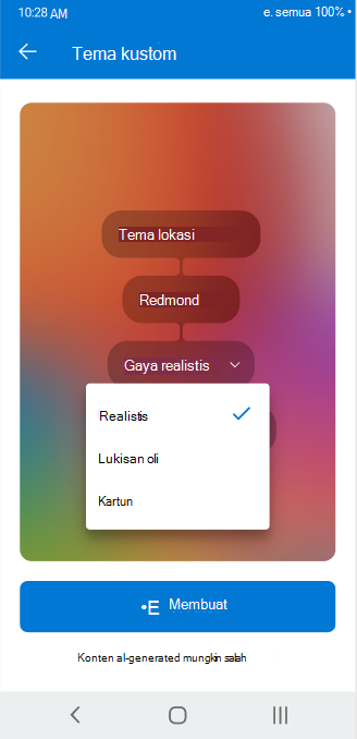 Layar yang menampilkan pemilih menurun yang digunakan untuk menyesuaikan atribut tema kustom yang dapat dikonfigurasi di Outlook untuk Android