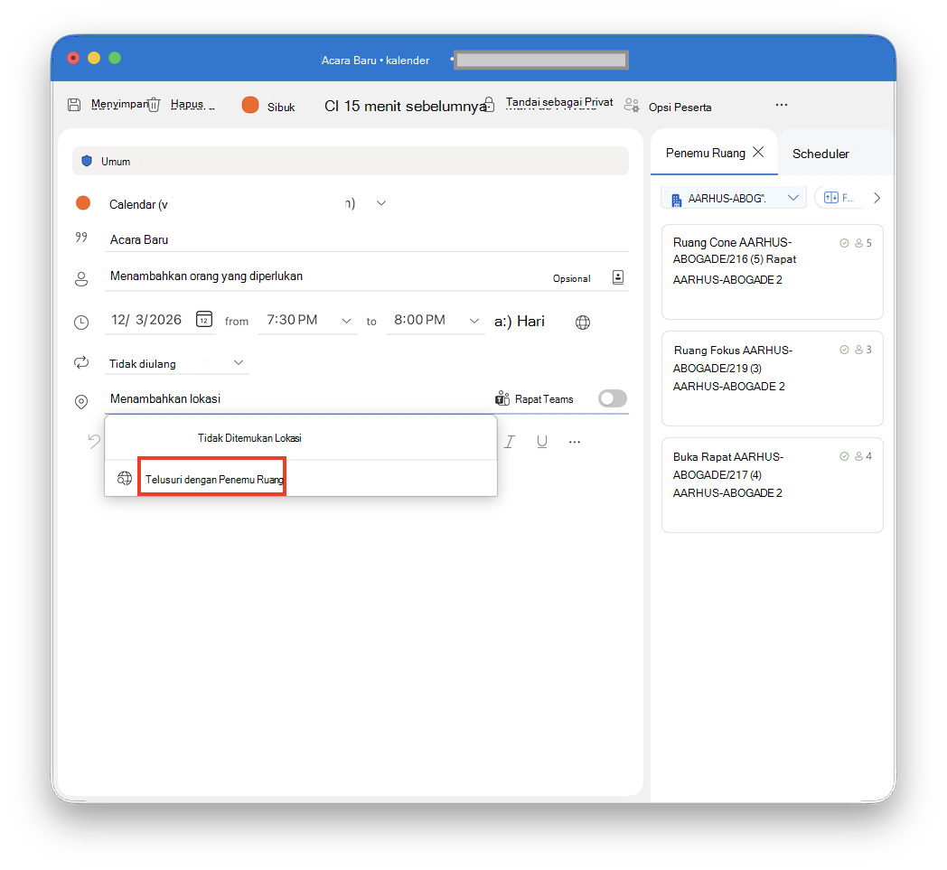 Telusuri dengan Penemu Ruang di Outlook untuk Mac