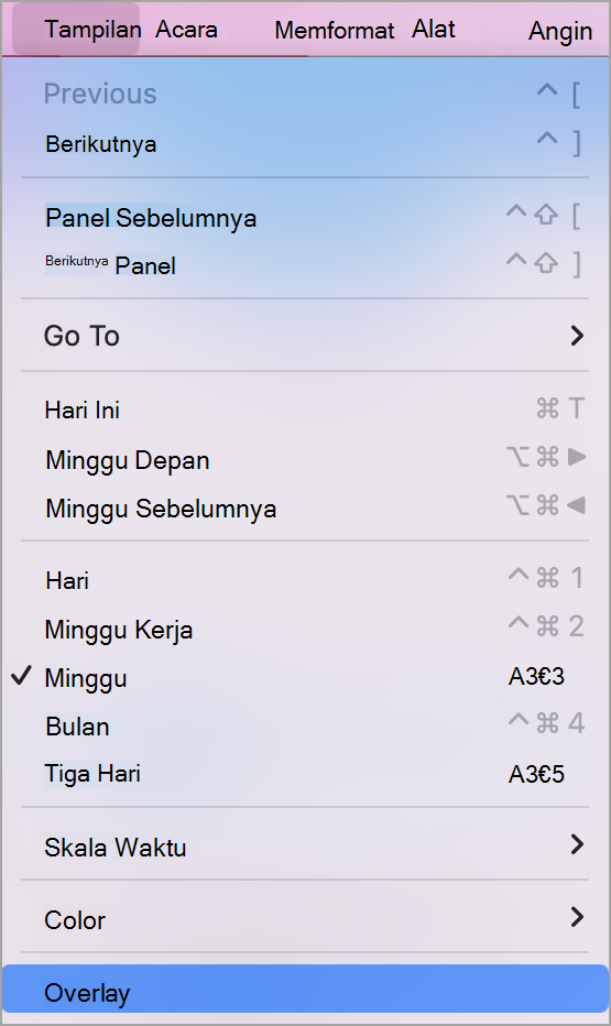 Menu turun bawah Tampilan dengan Overlay dipilih