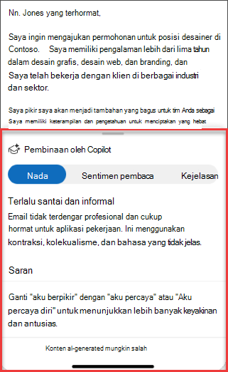 Saran kopilot untuk sentimen nada, kejelasan, dan pembaca di Outlook untuk seluler
