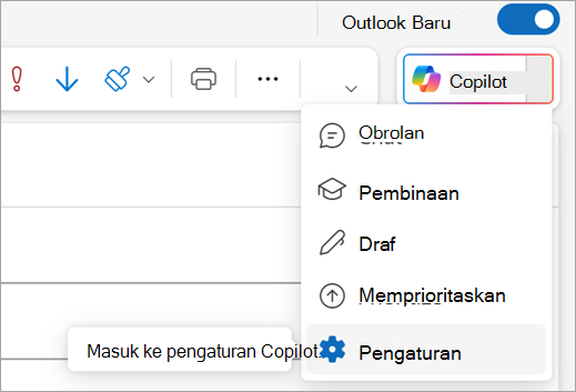 Memperlihatkan opsi Pengaturan di menu Copilot di bagian kanan atas Outlook.