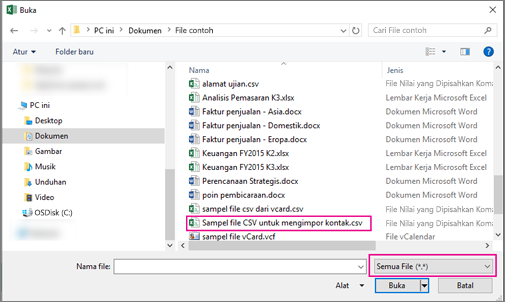 Untuk menemukan file csv, pastikan untuk mencari Semua File.