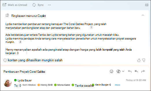 Ringkasan utas email dengan kutipan yang dibuat oleh Copilot