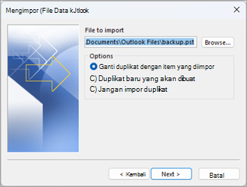 Di layar Impor File Data Outlook, telusuri untuk menemukan file .pst yang ingin Anda impor. Pilih dari opsi tentang bagaimana Anda ingin menangani duplikat.