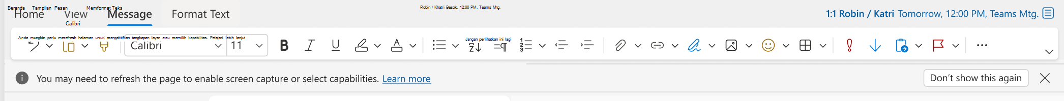 Bilah info untuk Outlook untuk Web saat Tangkapan layar tidak ada