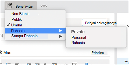 Contoh kemungkinan opsi sensitivitas turun bawah di Outlook.