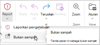 Anda dapat menggunakan tombol Laporkan > Bukan Sampah untuk memulihkan pesan dari folder Email Sampah, lalu memberi tahu Outlook untuk menghentikan pengiriman pesan dari pengirim tersebut ke folder Email Sampah.