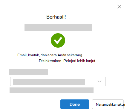 Cuplikan layar menampilkan jendela keberhasilan saat menambahkan akun Google