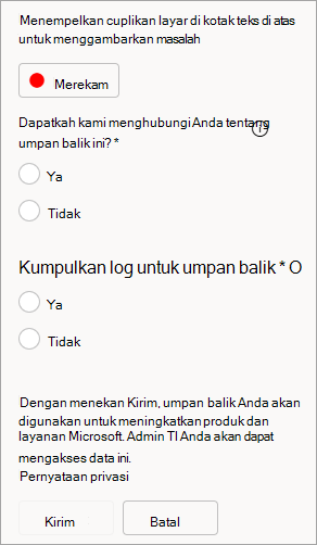 Cuplikan layar memperlihatkan opsi untuk mengizinkan kontak dan mengirim log saat mengirimkan umpan balik