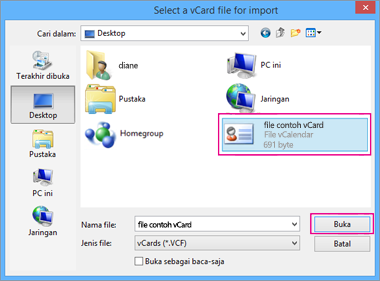 Pilih file vCard yang ingin Anda impor ke .csv.