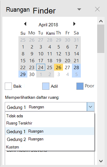 Gunakan Penemu Ruang untuk melihat ruang konferensi yang tersedia untuk rapat Anda.