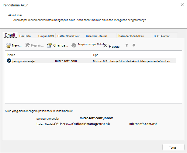 Pilih nama di kotak dialog Pengaturan Akun, Email akun.