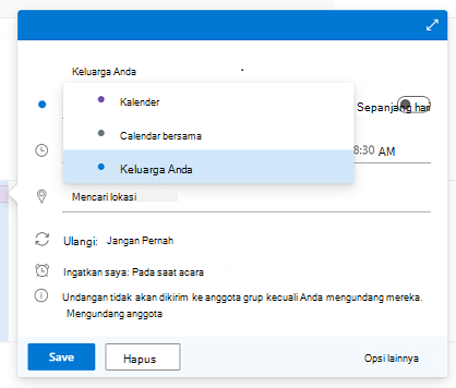 Dialog Acara Baru dengan daftar Kalender terbuka dan Keluarga Anda dipilih.