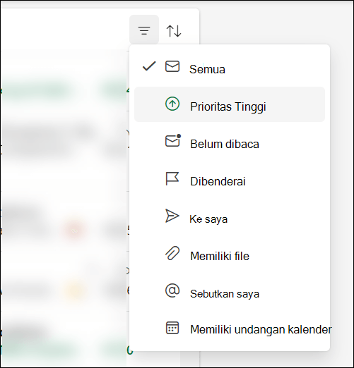 Menu filter pesan di Outlook memperlihatkan bahwa Prioritas Tinggi adalah opsi.