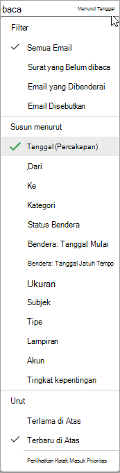 Cuplikan layar daftar menurun Urutkan pesan