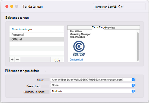 Jendela Tanda Tangan Default Outlook untuk Mac