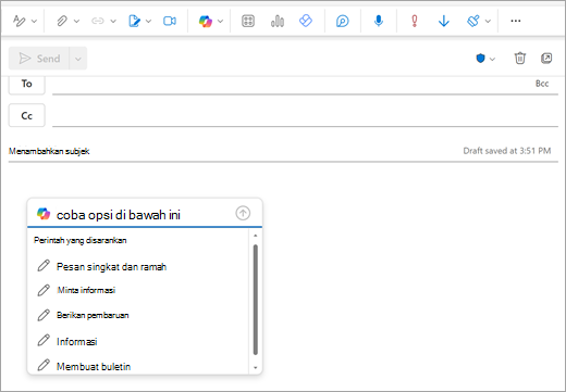 Memperlihatkan halaman email Outlook Baru dengan jendela perintah yang terbuka di mana Anda biasanya mulai mengetik email Anda.