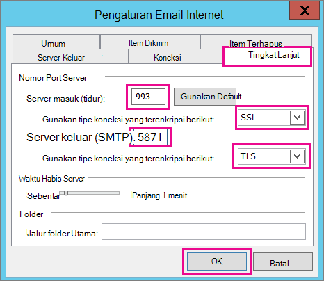 Masukkan pengaturan email tingkat lanjut.