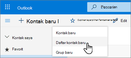 Cuplikan layar menu Kontak baru dengan Daftar kontak baru dipilih