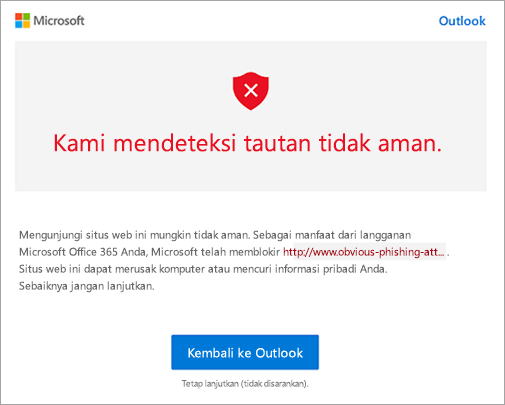 Cuplikan layar layar peringatan tautan tidak aman