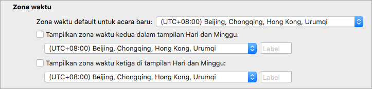Memperlihatkan zona waktu Kedua dan Ketiga di Preferensi Calendar