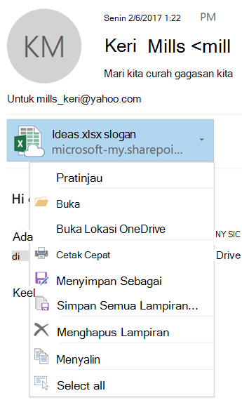 Pilih panah menurun di samping kanan ikon lampiran untuk menampilkan menu lampiran