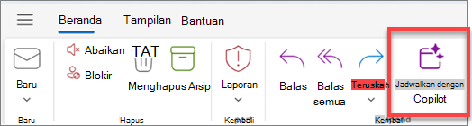 Memperlihatkan toolbar Outlook dengan tombol Jadwalkan dengan Salinan disorot.