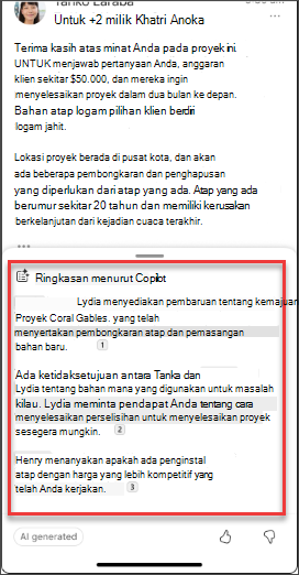 Ringkasan email dari Copilot di iOS dan Android