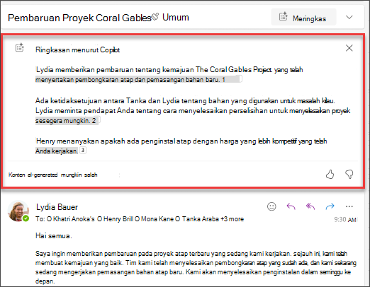 Ringkasan utas email dengan kutipan yang dibuat oleh Copilot.