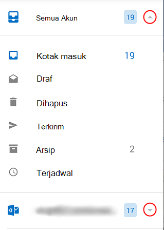 Memperlihatkan folder Outlook, dengan panah menurun yang dilingkari di sisi kanan layar.