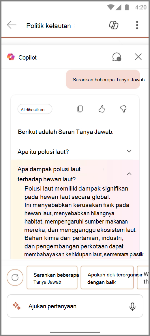 Cuplikan layar Copilot di PowerPoint pada Android dengan hasil dari perintah Sarankan beberapa T&Sebagai