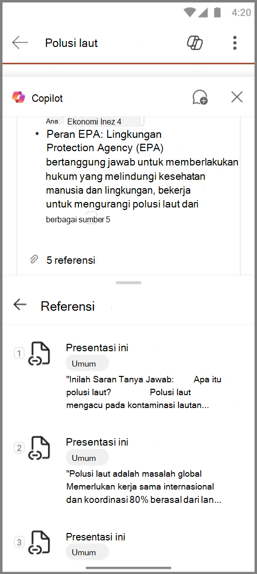 Cuplikan layar Copilot di PowerPoint di perangkat Android dengan Referensi untuk respons Ringkas koleksi ini