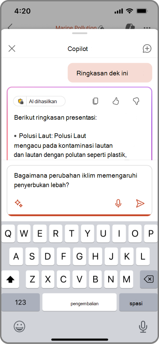 Cuplikan layar Copilot di PowerPoint pada perangkat iOS dengan perintah dalam kotak penulisan