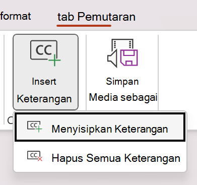 Cuplikan layar memperlihatkan sisipkan keterangan untuk video di PowerPoint.