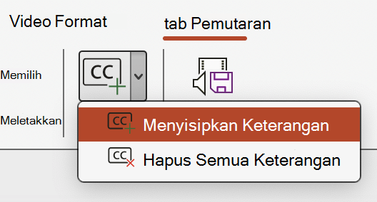 Cuplikan layar memperlihatkan sisipkan keterangan untuk video di PowerPoint.