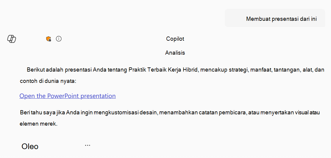 Cuplikan layar Microsoft Copilot menghasilkan PowerPoint dan menyediakan tautan kembali ke pengguna.