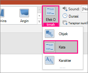 Cuplikan layar memperlihatkan menu Opsi Efek untuk Transisi Morf dengan Kata-kata yang dipilih.