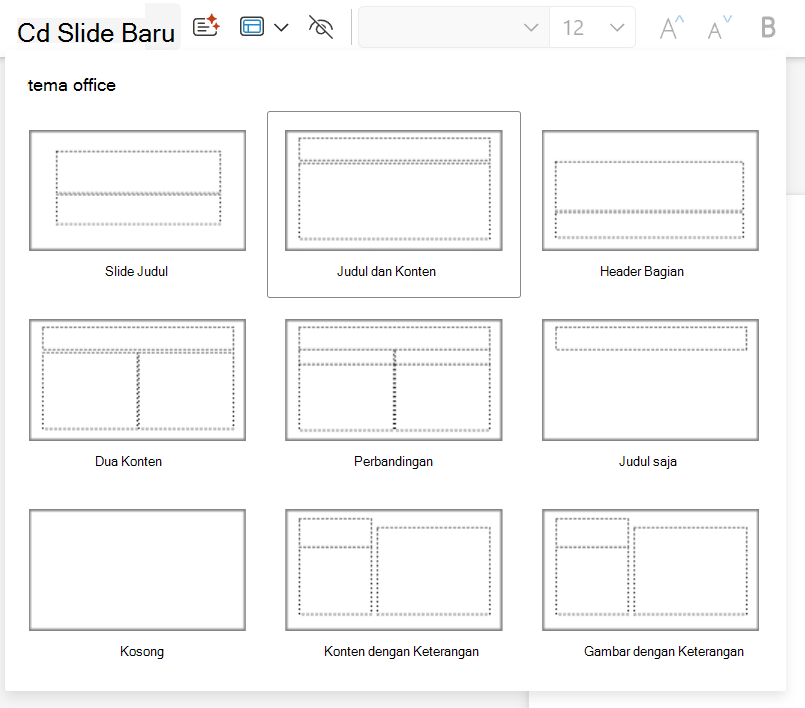Menu menurun Slide Baru pada tab Beranda di PowerPoint untuk web