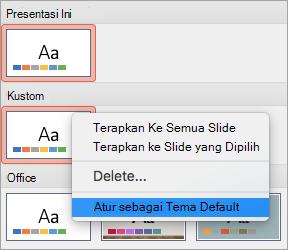 Memperlihatkan opsi Atur sebagai Tema Default untuk tema kustom