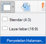 Memperlihatkan opsi Pengaturan Halaman pada menu Ukuran Slide