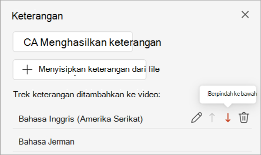 Cuplikan layar memperlihatkan tombol pindahkan ke bawah untuk trek keterangan di panel Keterangan.