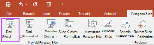 Memperlihatkan tombol dari awal pada tab peragaan slide di PowerPoint
