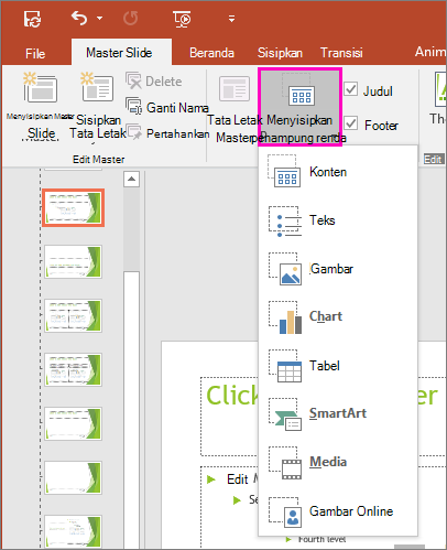 Memperlihatkan tombol Sisipkan Tempat Penampung padaTampilan Master Slide di PowerPoint