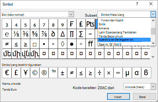 Memperlihatkan subset Subskrip dan Superskrip di dialog Simbol di PowerPoint